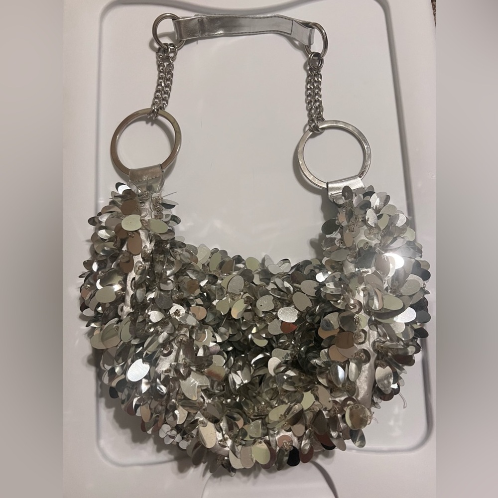 Vintage Y2K Silver Sequin Paillettes Hobo Shoulder Crescent Purse Bag Beaded